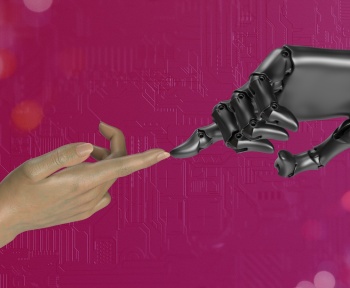 two hands touching each other in front of a pink background