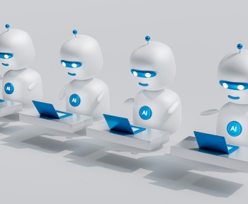 a group of white robots sitting on top of laptops