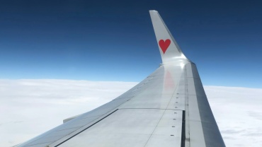 airplane's left wing at high altitude during daytime