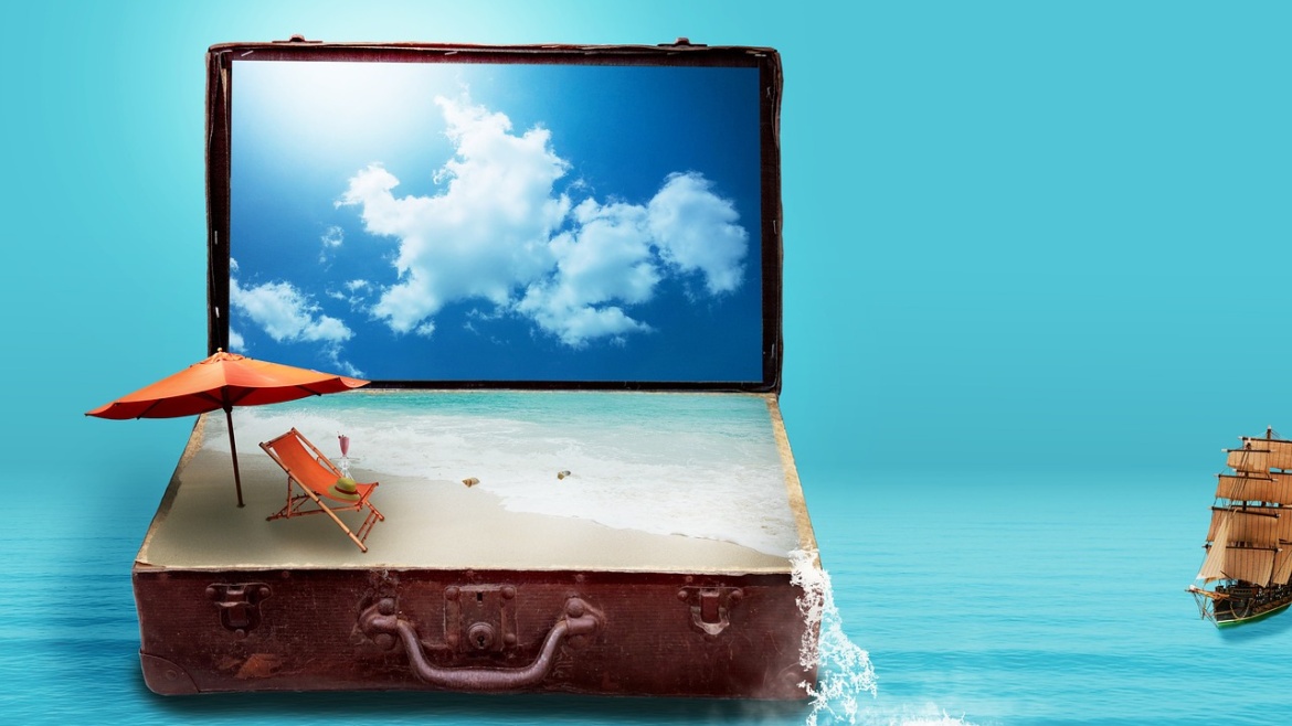 fantasy, to travel, travel, vacations, nature, suitcase, sea, beach, luggage, dreams, holiday plans, travel plans, surreal, imagination, image montage