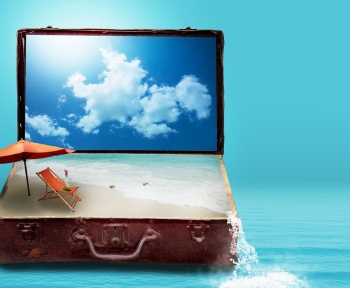 fantasy, to travel, travel, vacations, nature, suitcase, sea, beach, luggage, dreams, holiday plans, travel plans, surreal, imagination, image montage