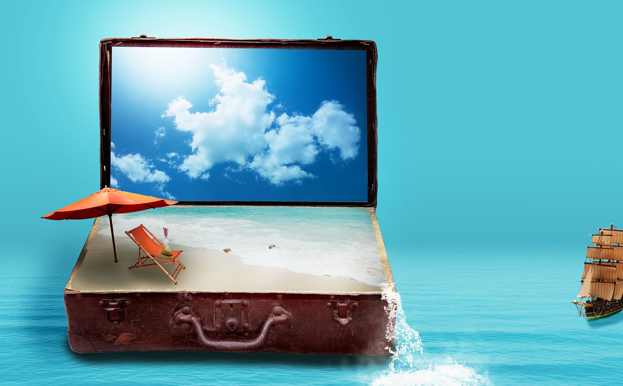 fantasy, to travel, travel, vacations, nature, suitcase, sea, beach, luggage, dreams, holiday plans, travel plans, surreal, imagination, image montage