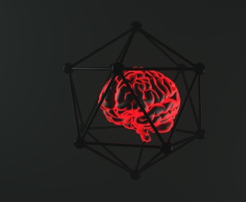 Glowing brain encased in a geometric structure.