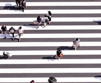 aerial view photography of group of people walking on gray and white pedestrian lane