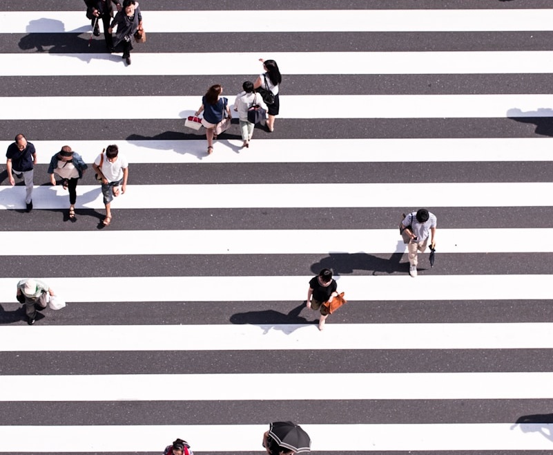 aerial view photography of group of people walking on gray and white pedestrian lane