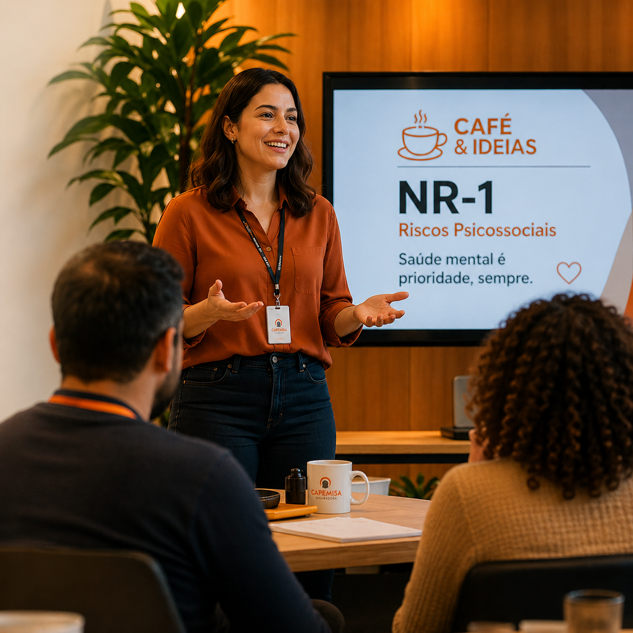Colaboradores da CAPEMISA em reunião online sobre gestão de riscos psicossociais e saúde mental.